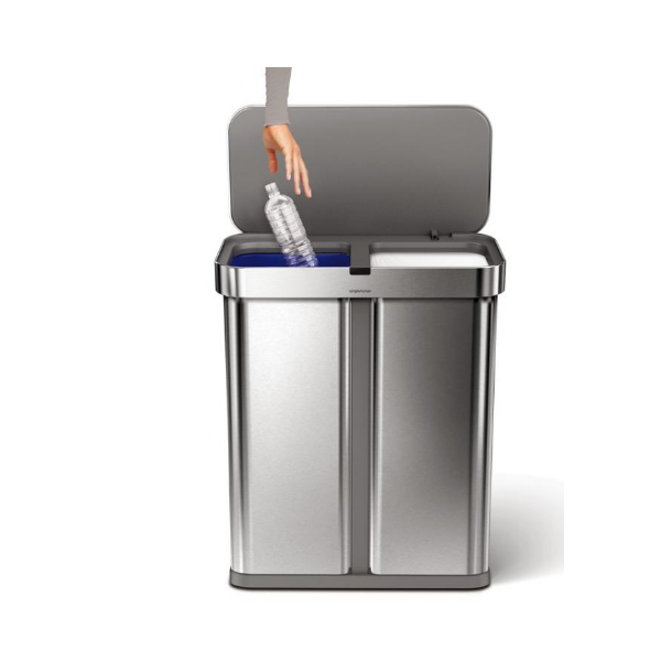 Simplehuman rektangul&auml;r sensorbricka med r&ouml;st- och r&ouml;relsekontrollanv&auml;ndning med str&ouml;madapter (ingr) eller 6 X AA-batterier (ingr inte) 58L (34/24), dubbelrum, borstad rostfritt stl