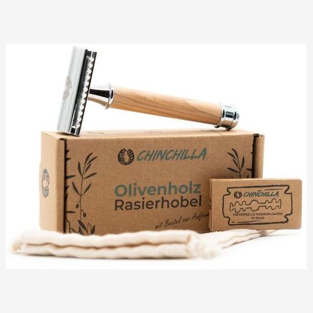 Chinchilla - Safety Razor i Oliventr� med 10 Barberblade