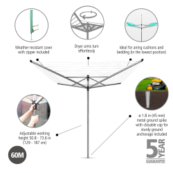 Brabantia T�rrestativ Lift-O-Matic 60 Mtr. Incl Overtr�k - Med Overtr�k &amp; Jordspyd