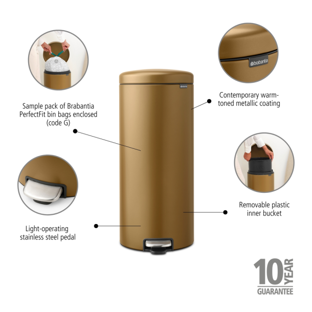 Brabantia NewIcon pedalspand 30 liter, m/plast inderspand - Warm Brass