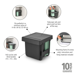Brabantia Indbygningsmodul Sorteringsaffaldsspand 10+10+20 ltr.  - Dark Grey  &amp; Jade Green