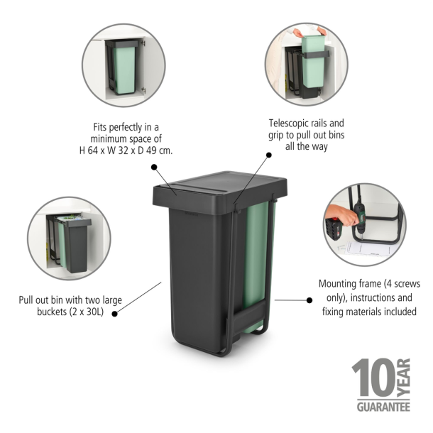 Brabantia Indbygningsmodul sorteringskoncept 2 x 30 ltr.  - Dark Grey &amp; Jade Green